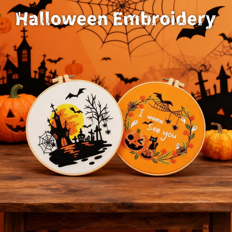 BBLYBD Halloween Embroidery Kit, Pumpkin Cross Stitch Kits, 4 Set Craft Kits for Beginners with Pre-Printed Embroidery Fabric, Hoops, Step-by-Step Instructions, Color Threads & Needles (Halloween-4 Set) - Image 3